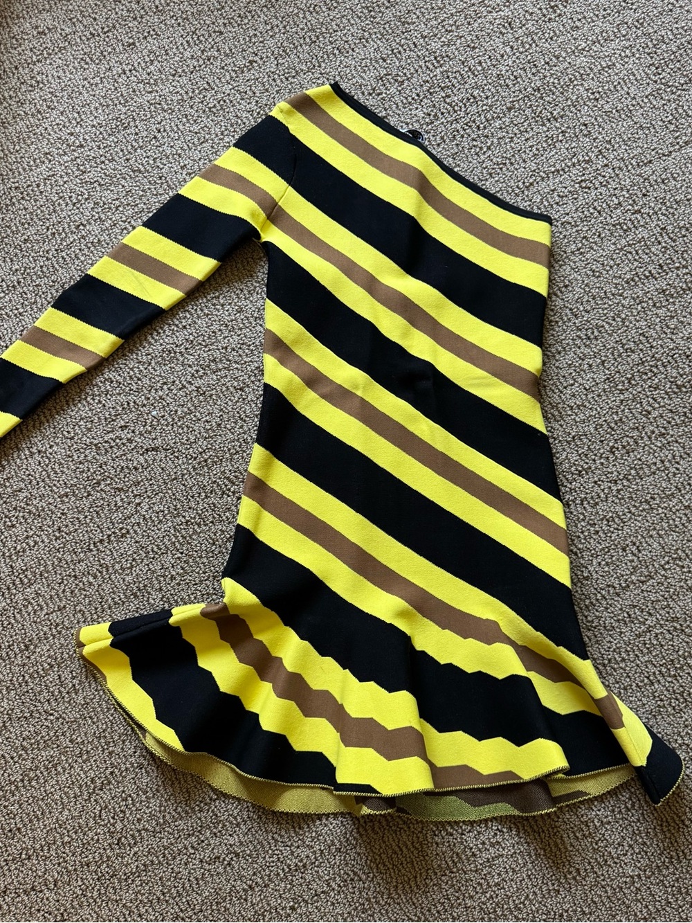 J W Anderson One-Shoulder Striped Fit-and-Flare Dress in Yellow, Black & Brown